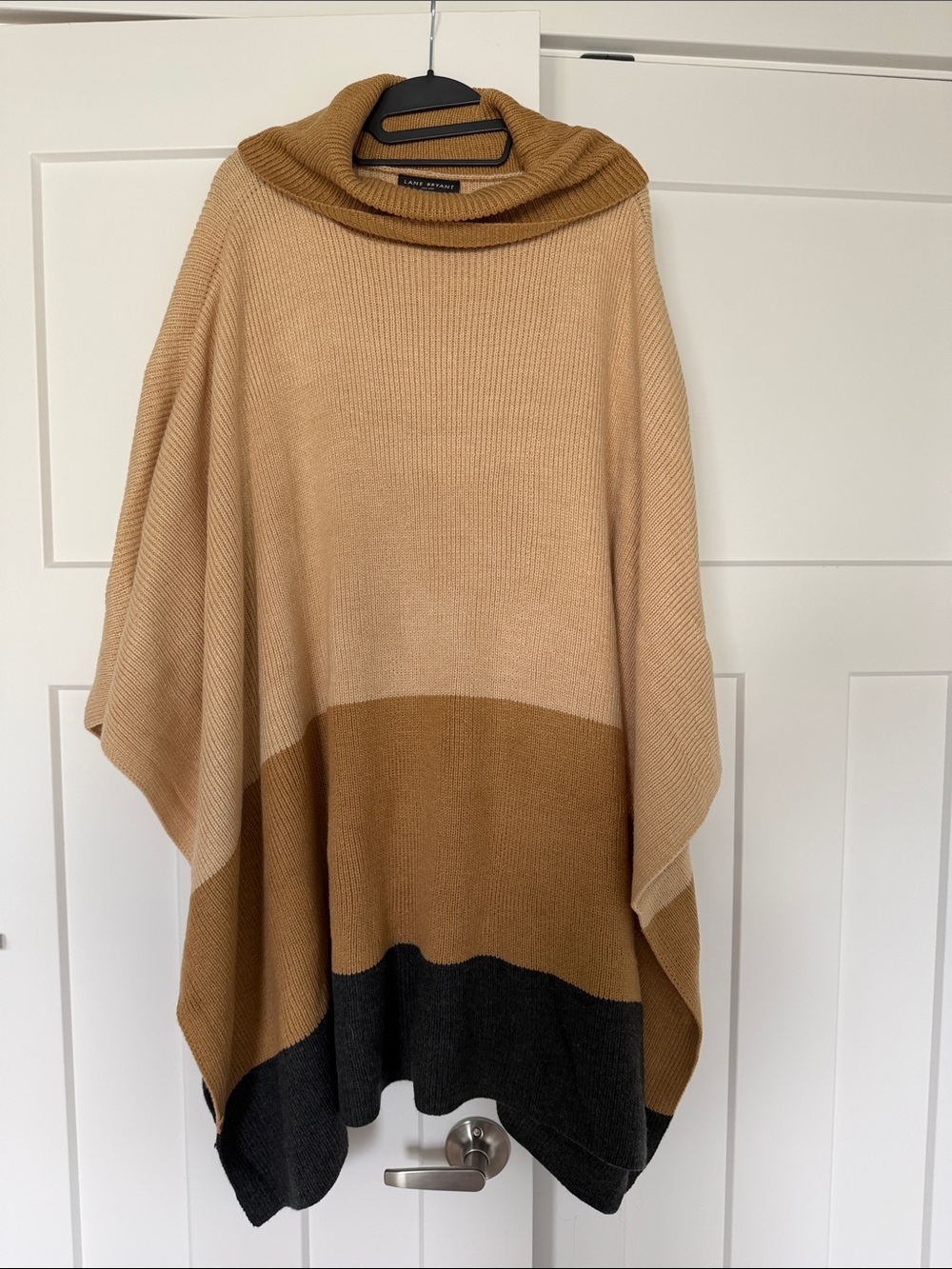 Lane Bryant Three-Color Cowl Neck Poncho in Camel, Tan & Charcoal